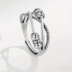 Adjustable Fidget Anxiety Ring with Beads & Spinner — Vintage Hip-Hop Style, Zinc Alloy, Black & Golden Accents, Meditation Ring for Energy Balance & Spiritual Harmony