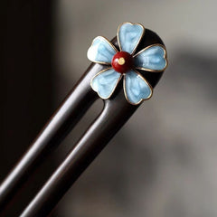 Morning Flower Ebony Hairpin - Solid Wood Design with Blue Lotus for Mind-Body-Spirit Balance