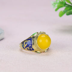Vintage Court Style Women's Ring with Golden Agate and Blue Enamel