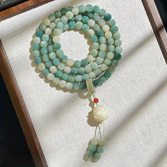 108-Bead Gradient Green–White Bodhi Root Mala — Lotus Charm for Mindful Harmony, Spiritual Balance & Grounding Energy
