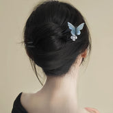 Elegant Wooden Butterfly Hairpin - Vintage U-Shaped Hair Clip with Blue Butterfly & Floral Design for Mind-Body-Spirit Balance