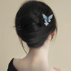 Elegant Wooden Butterfly Hairpin - Vintage U-Shaped Hair Clip with Blue Butterfly & Floral Design for Mind-Body-Spirit Balance