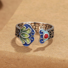 Vintage Bohemian Lotus Flower Ring for Women - Blue/Green/Red Floral Design with Energy Healing & Spiritual Protection