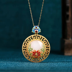 Golden Lotus Pendant Necklace | Spiritual Energy & Vintage Craft with Hand-Painted Jade Accents