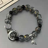 1 Stylish Glass Bead Stretch Bracelet with Pendant - Unisex Black & Gold Design for Casual Wear & Energy Balance