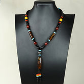 Tibetan Black Agate Necklace with Green Dzi Bead for Protection, Wealth, and Spiritual Balance