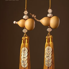 Auspicious Five-Emperor Coin Tassel (Set of 2) — Brass Gourd & Boxwood Lotus Feng-Shui Charm for Wealth Flow, Protection, and Harmonious Energy (13.78")