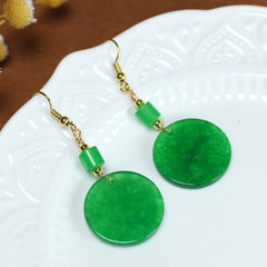 Natural Stone Round Earrings - Elegant Green Gemstone Dangle with Golden-Tone Metal for Parties & Valentine's Day
