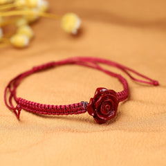Red Rose Braided Bracelet - Vintage Floral Charm for Prosperity & Emotional Balance