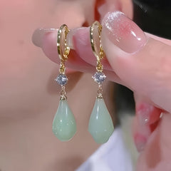 Vintage Jade Drop Earrings - Elegant Green Artificial Jade with Golden Hoop for Casual Wear & Gifting - Harmony & Prosperity Energy