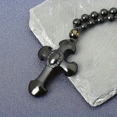 Obsidian Beaded Chain Necklace — Protective Black Cross Pendant for Spiritual Harmony