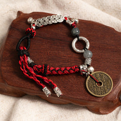Vintage Chinese Red Rope Energy Bracelet with Feng Shui Coins & Protection Amulet – Wealth, Harmony & Spiritual Balance