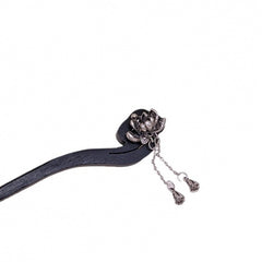Wood Hairpin with Silver Lotus & Bell Accents - Ancient Style Pan Hair Accessories for Mindful Adornment