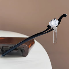 Vintage Floral Hairpin - Elegant Wooden Hair Stick with Silver Tassels for Mindful Energy & Fairy-Tale Hairstyles
