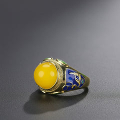 Vintage Court Style Women's Ring with Golden Agate and Blue Enamel
