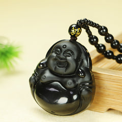 Men's Natural Obsidian Laughing Buddha Pendant Necklace for Protection, Joy, and Grounding
