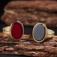 Vintage-Inspired 316L Stainless Steel Elliptical Ring with Tiger's Eye & Turquoise | Spiritual Energy & Classic Style