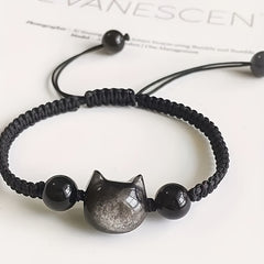 Adjustable Cat Charm Bracelet - Black & Red Beads with Pink Crystal for Harmony Energy