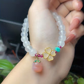 White Agate Energy Bracelet with Lucky Clover & Peach Blossom Pendant – Harmony, Protection & Spiritual Growth