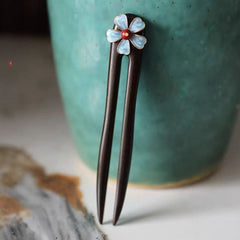 Morning Flower Ebony Hairpin - Solid Wood Design with Blue Lotus for Mind-Body-Spirit Balance