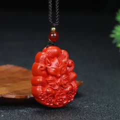 Cinnabar Nine-Tailed Fox Pendant for Wisdom, Protection & Prosperity