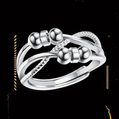 Adjustable Fidget Anxiety Ring with Beads & Spinner — Vintage Hip-Hop Style, Zinc Alloy, Black & Golden Accents, Meditation Ring for Energy Balance & Spiritual Harmony