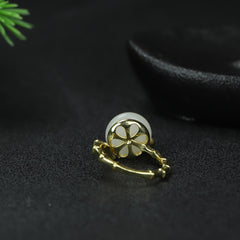 Elegant White Jade Court Ring with Gold Flower Prosperity, Protection, and Spiritual Harmony