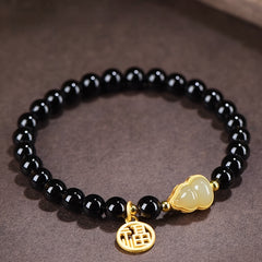 Obsidian Gourd Bracelet - Gold Accents for Wealth & Longevity with Spiritual Protection