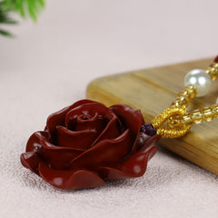 High-Content Cinnabar and Purple Golden Sand Rose Flower Carved Pendant for Eternal Love, Passion and Spiritual Protection