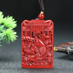 Sand Cinnabar Carp Jumping Over Dragon Gate Pendant for Prosperity & Protection, Unisex Spiritual Amulet