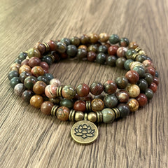 108 Mala Beads Picasso Jasper Bracelet: Bohemian Chakra Jewelry for Meditation & Spiritual Connection