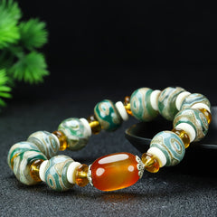 Tibetan Three-Eye Dzi Agate Bead Bracelet for Spiritual Protection, Inner Peace, and Positive Energy