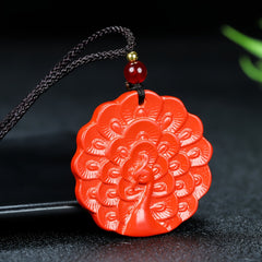 Cinnabar Peacock Pendant Necklace for Prosperity, Luck & Spiritual Awakening
