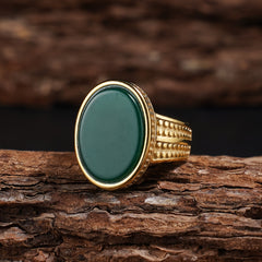 Vintage-Inspired 316L Stainless Steel Elliptical Ring with Tiger's Eye & Turquoise | Spiritual Energy & Classic Style
