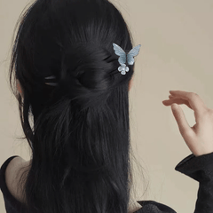 Elegant Wooden Butterfly Hairpin - Vintage U-Shaped Hair Clip with Blue Butterfly & Floral Design for Mind-Body-Spirit Balance