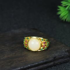 Vintage-Inspired Men's Ring with White Jade Stone for Wisdom, Prosperity, and Energetic Protection
