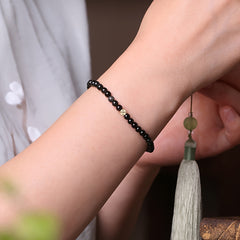 Natural Obsidian Beaded Bracelet - 14K Gold Plated Charm for Wealth Attraction & Spiritual Protection