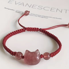 Adjustable Cat Charm Bracelet - Black & Red Beads with Pink Crystal for Harmony Energy