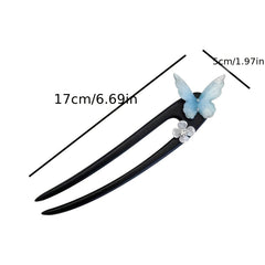 Elegant Wooden Butterfly Hairpin - Vintage U-Shaped Hair Clip with Blue Butterfly & Floral Design for Mind-Body-Spirit Balance