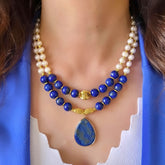 Blue Lapis Lazuli Pearl Necklace Set Calm Wisdom Gift