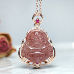 Natural Strawberry Crystal Laughing Buddha Pendant Necklace for Love, Abundance, and Positive Energy