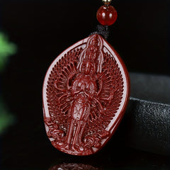 Thousand-Handed Character Cinnabar Pendant Necklace – Spiritual Protection & Prosperity Energy
