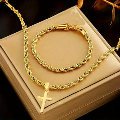 Minimalist Cross Charm Necklace & Bracelet Set - Hypoallergenic Stainless Steel Jewelry for Spiritual Protection
