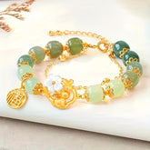 Luxury Double Chain Bracelet Gradient Green Beads Golden Accents Floral Rabbit Charm Vintage Energy Balance Prosperity