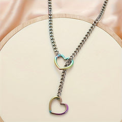 Women's Heart-Shaped Pendant Necklace - Silver Chain with Rainbow Gradient & Dual Heart Design for Emotional Balance & Spiritual Harmony