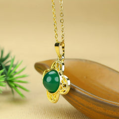 Emperor Green Agate Flower Pendant for Men | Gold Tone Lucky Clover Necklace for Prosperity