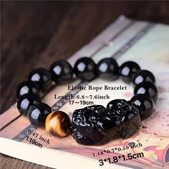 Cool Handsome Natural Obsidian Wealth Bracelet with Pixiu Tiger Eye Stone - Feng Shui Money Attracting Lucky Charm
