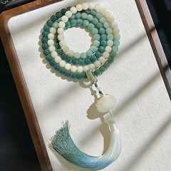 108-Bead Gradient Green–White Bodhi Root Mala — Lotus Charm for Mindful Harmony, Spiritual Balance & Grounding Energy