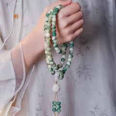 108pcs Natural Bodhi Bead Bracelet - Vintage Style Green Prayer Beads with White Accents, 10mm Handheld Meditation Mala Beads for Casual Attire