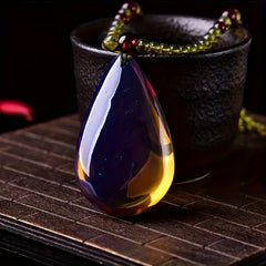 Natural Mexican Blue Resin Teardrop Pendant Necklace — Spiritual Harmony, Protection & Elegant Gift